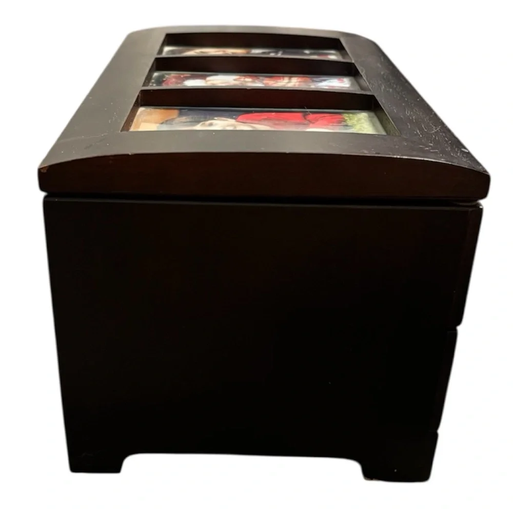 Vintage Dark Wood Jewelry Box 2-Drawer Glass Lid Trinket Organizer Picture Frame